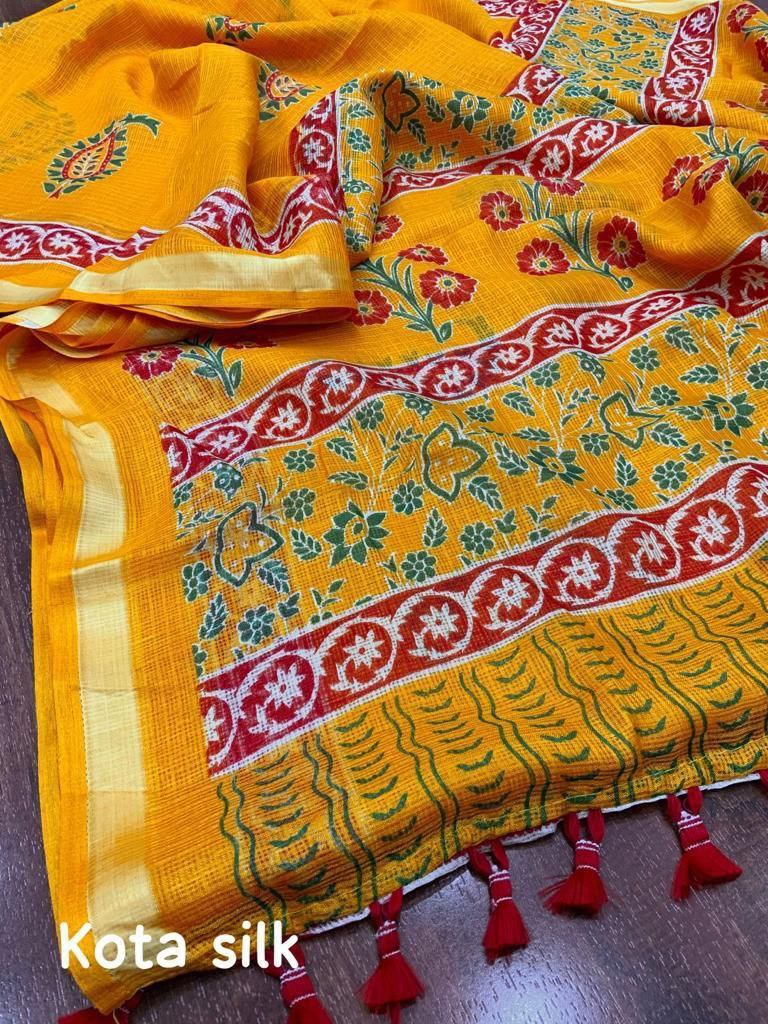 Printed Kanchi Kota Yellow Party wear Women's Saree mahezon