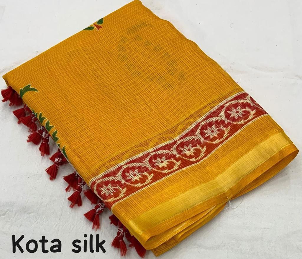 Printed Kanchi Kota Yellow Party wear Women's Saree mahezon