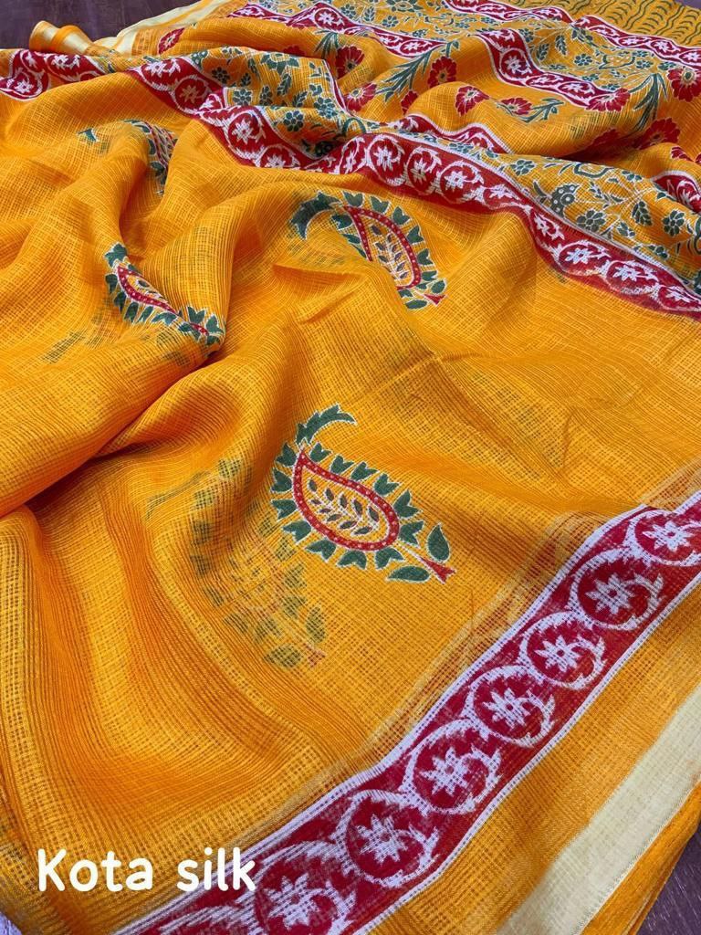 Printed Kanchi Kota Yellow Party wear Women's Saree mahezon