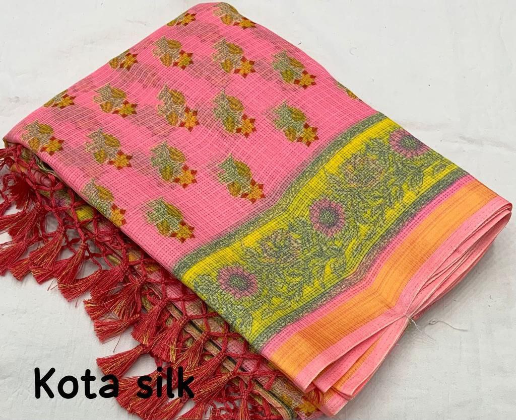 Printed Kota Silk Pink Party wear Women's Saree mahezon