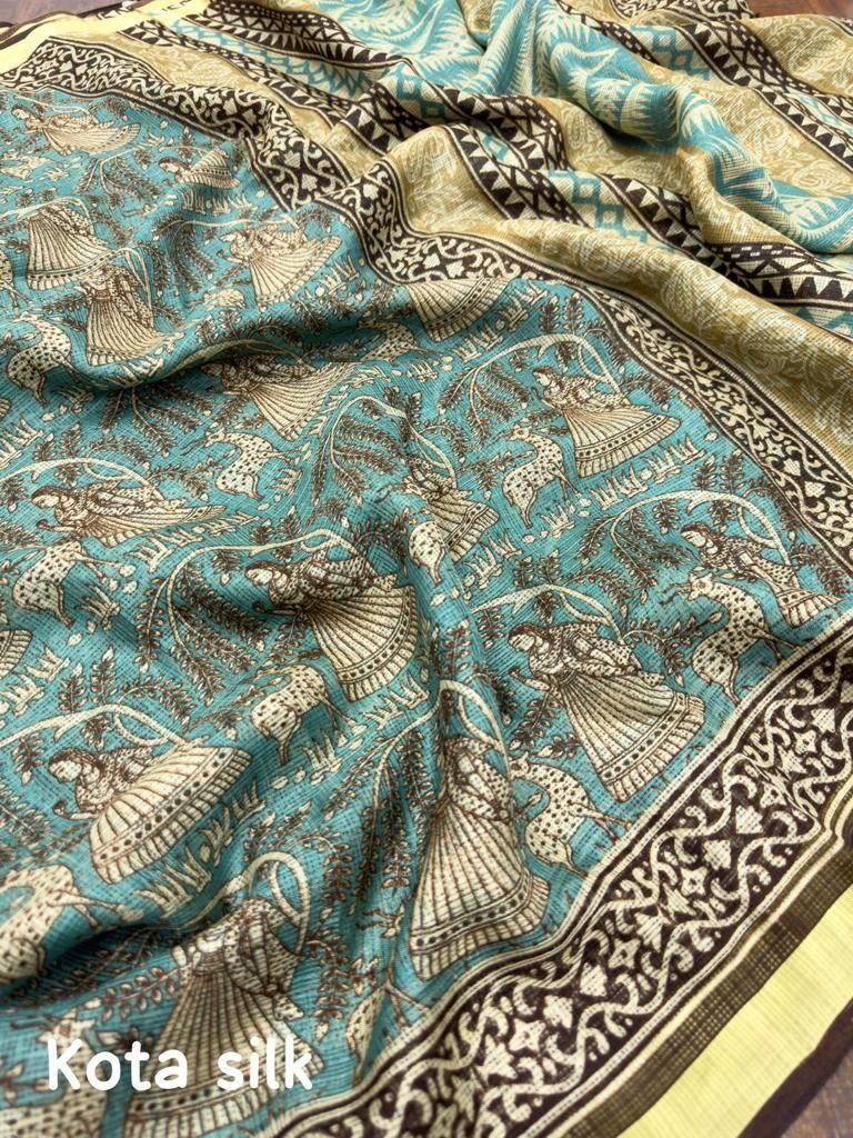 Printed Kota Silk Blue Party wear Women's Saree mahezon