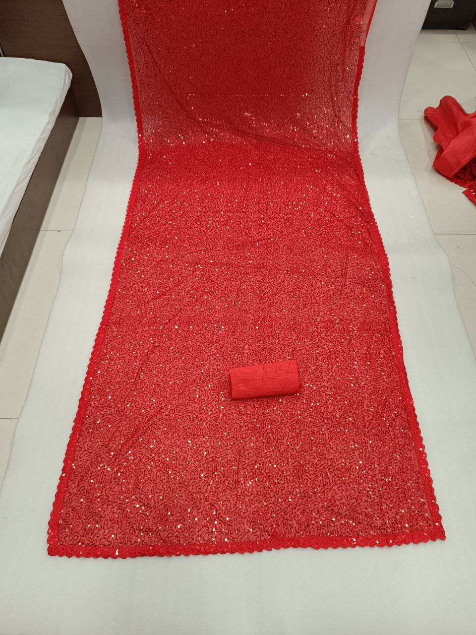 Embroidery Party Wear Women Red Sequin Saree mahezon