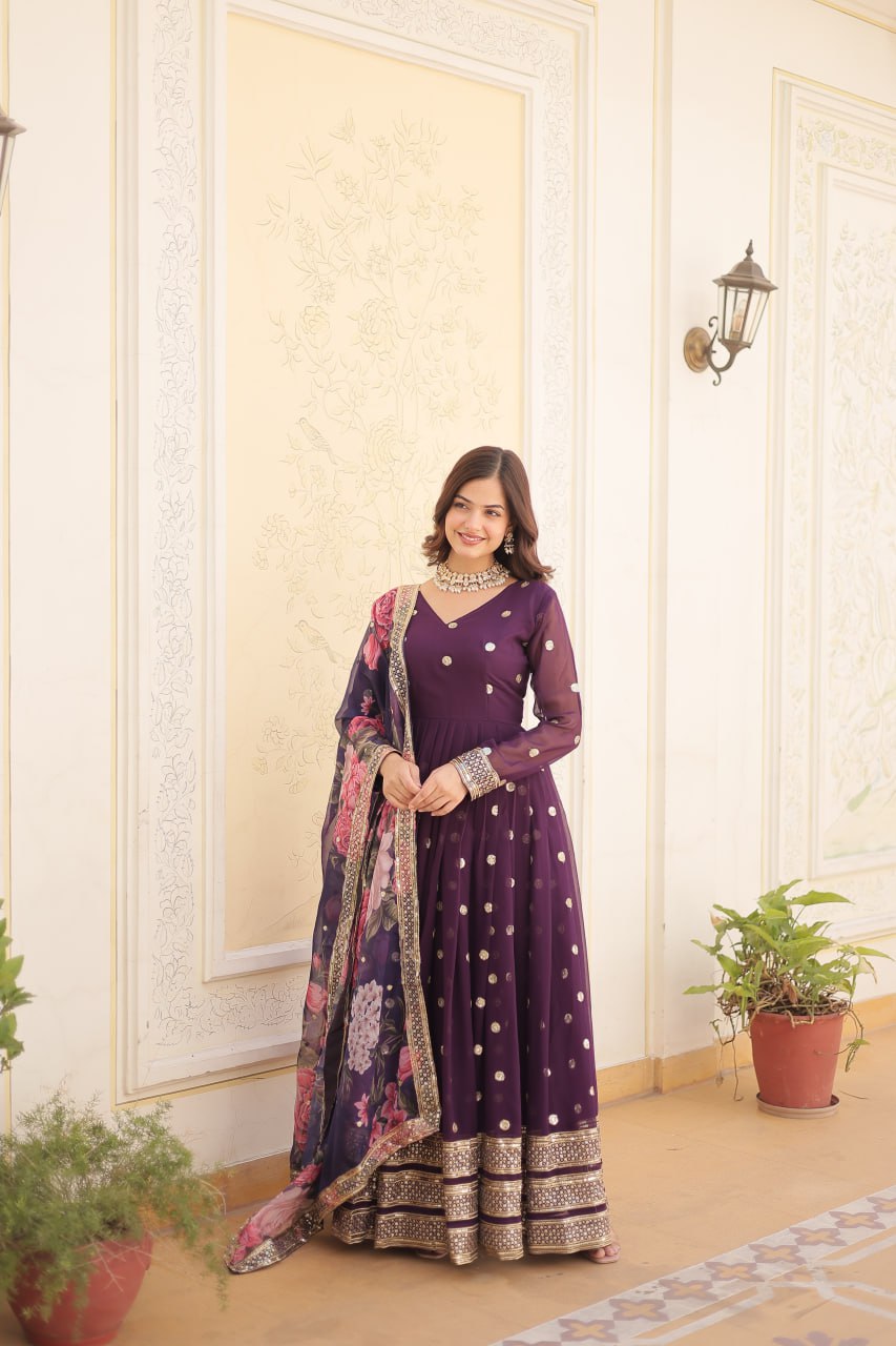 Women's Wine Gown Dupatta Set mahezon