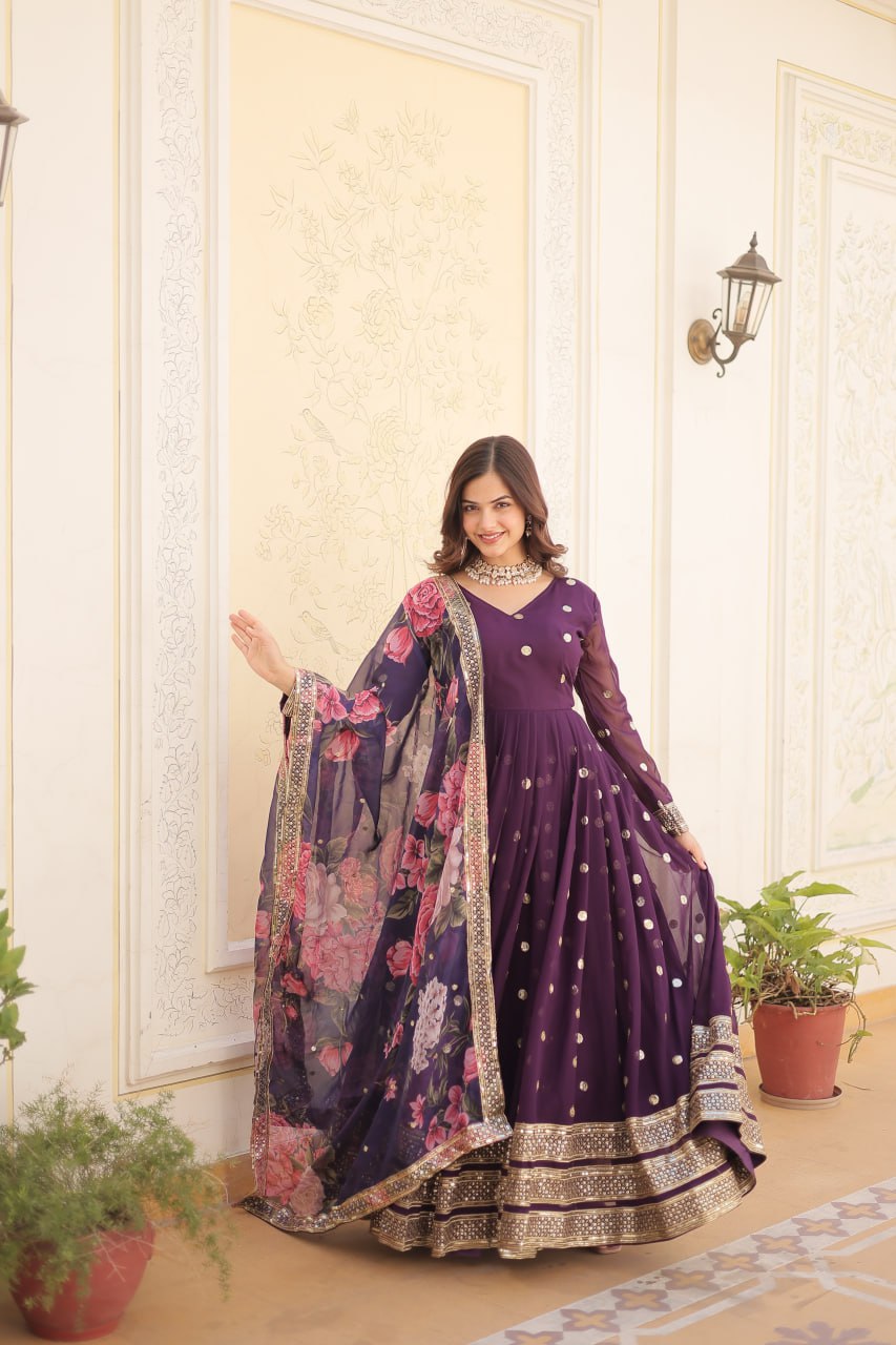 Women's Wine Gown Dupatta Set mahezon