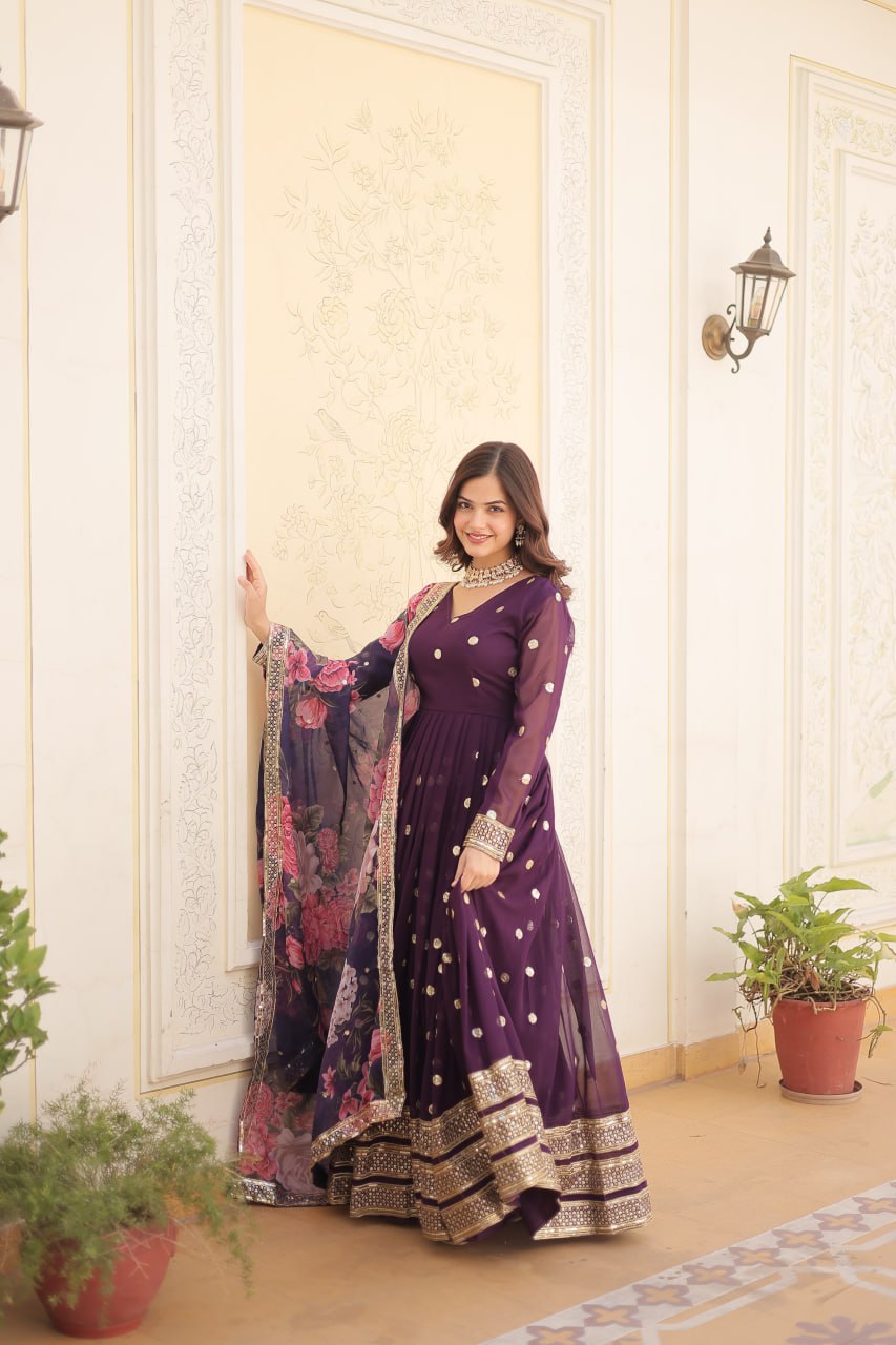 Women's Wine Gown Dupatta Set mahezon