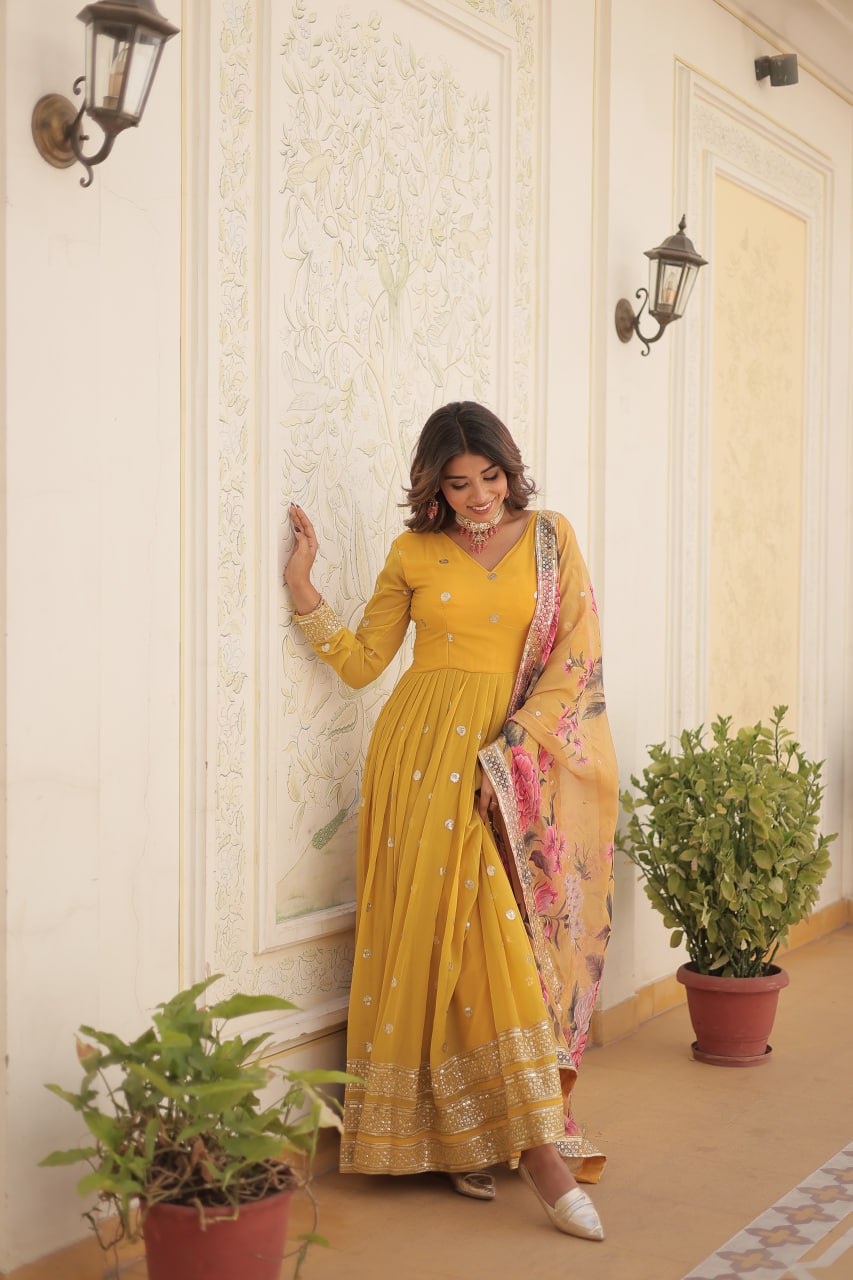 Women's Yellow Gown Dupatta Set mahezon