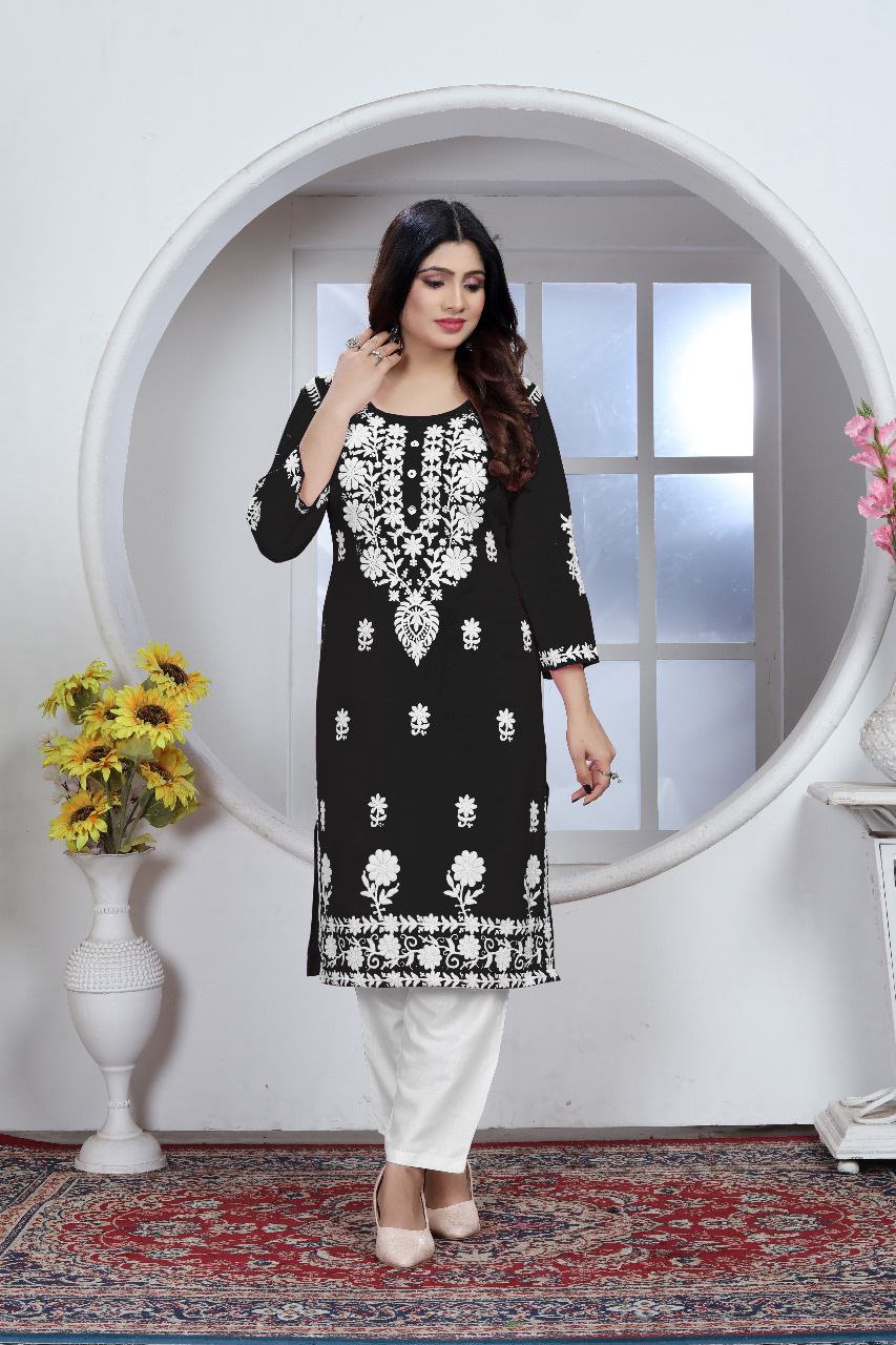 Women's Embroidery Black Lucknow Chikankari Kurta Pant Set mahezon