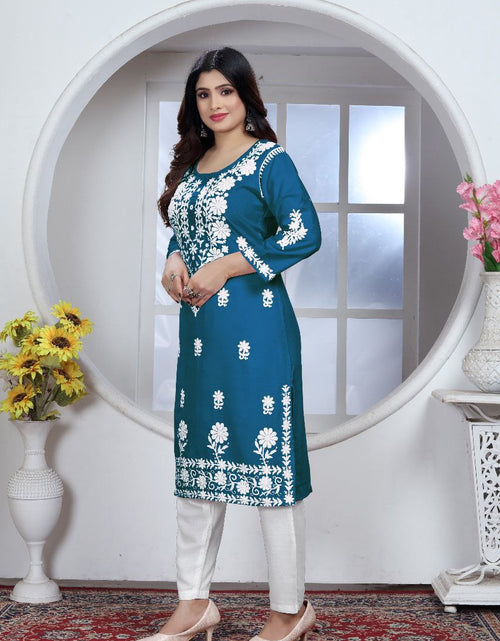 Load image into Gallery viewer, Women&#39;s Embroidery Blue Lucknow Chikankari Kurta Pant Set mahezon
