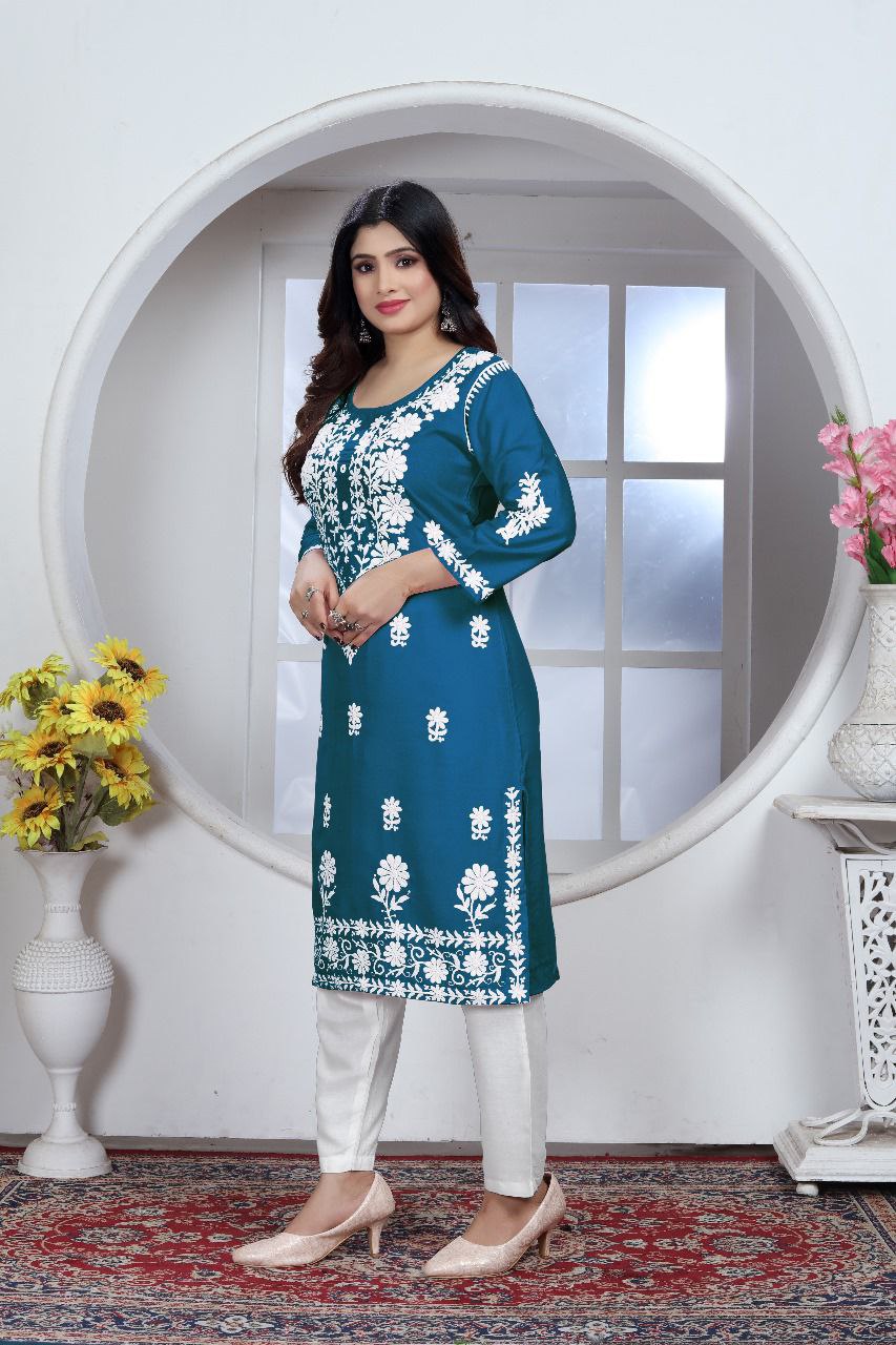 Women's Embroidery Blue Lucknow Chikankari Kurta Pant Set mahezon