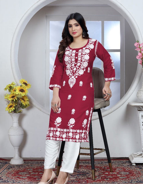 Load image into Gallery viewer, Women&#39;s Embroidery Maroon Lucknow Chikankari Kurta Pant Set mahezon
