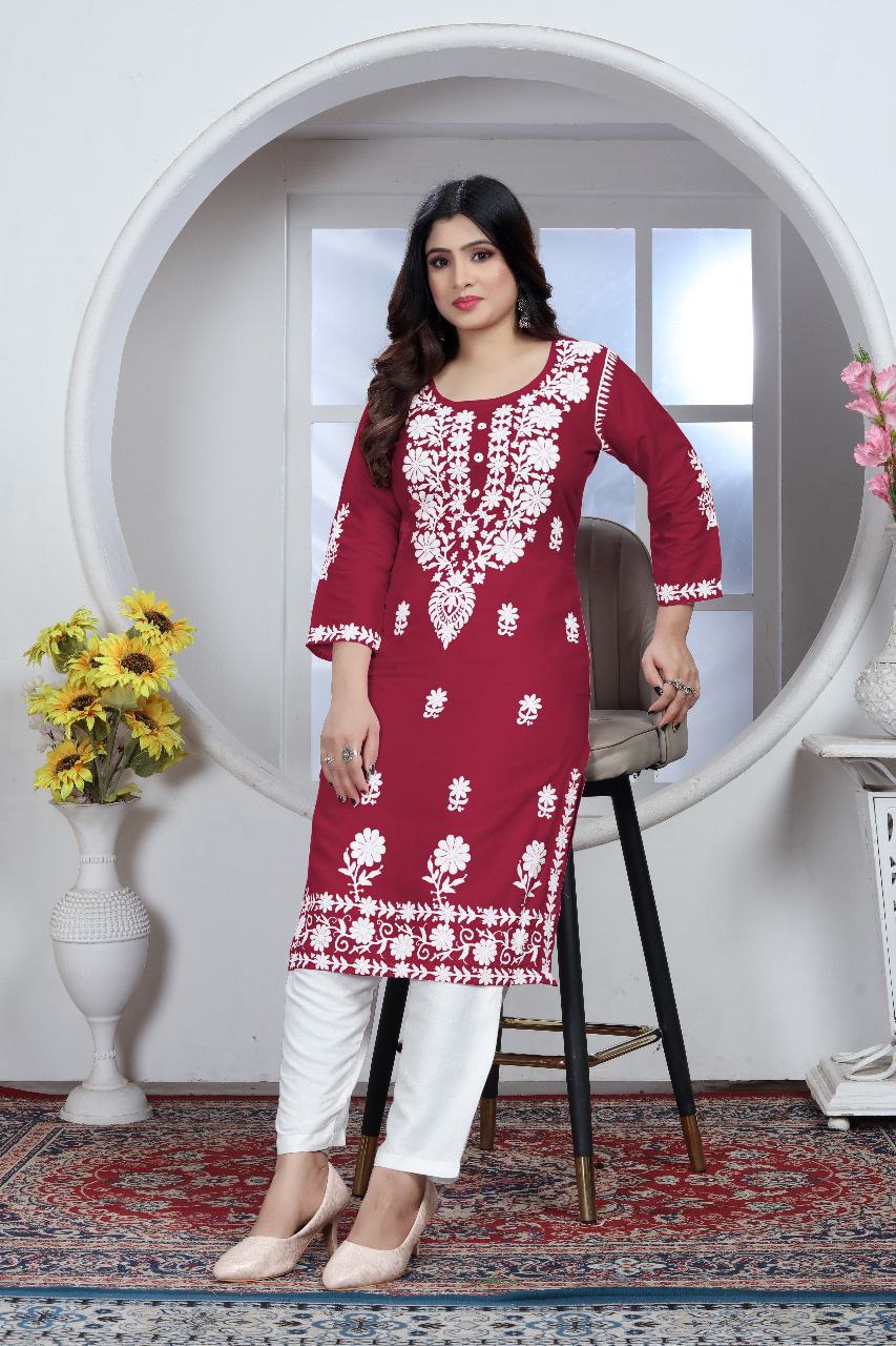 Women's Embroidery Maroon Lucknow Chikankari Kurta Pant Set mahezon