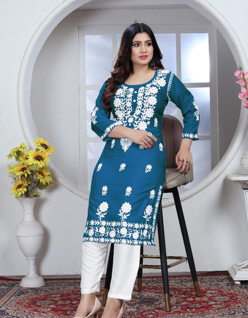 Load image into Gallery viewer, Women&#39;s Embroidery Blue Lucknow Chikankari Kurta Pant Set mahezon
