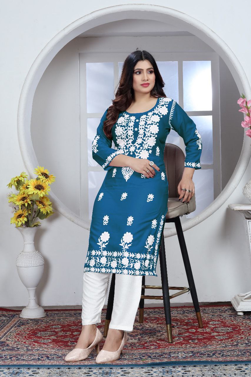 Women's Embroidery Blue Lucknow Chikankari Kurta Pant Set mahezon