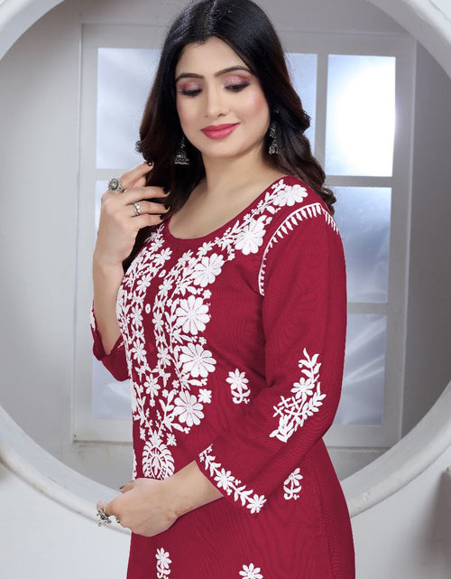 Load image into Gallery viewer, Women&#39;s Embroidery Maroon Lucknow Chikankari Kurta Pant Set mahezon
