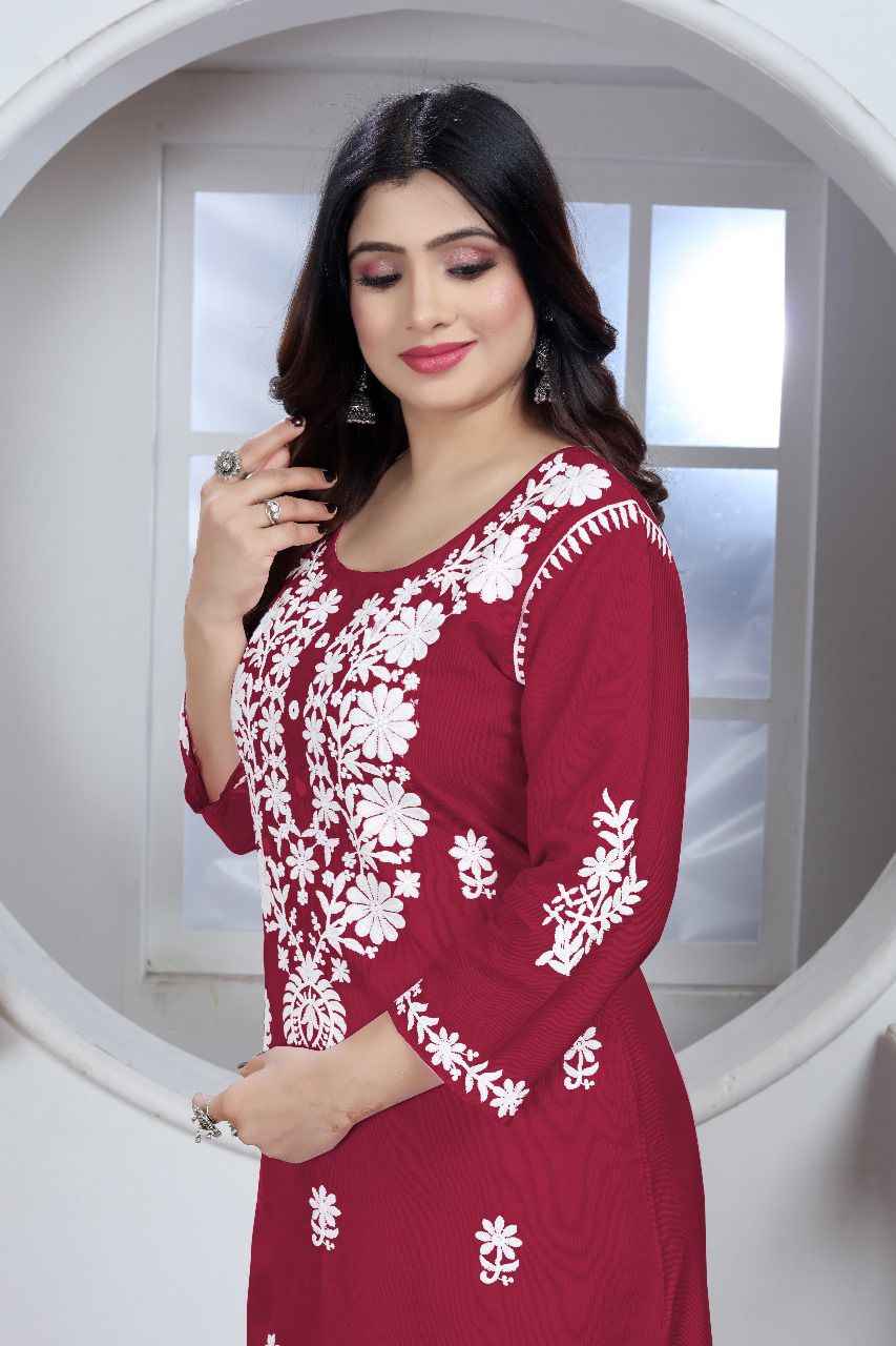 Women's Embroidery Maroon Lucknow Chikankari Kurta Pant Set mahezon