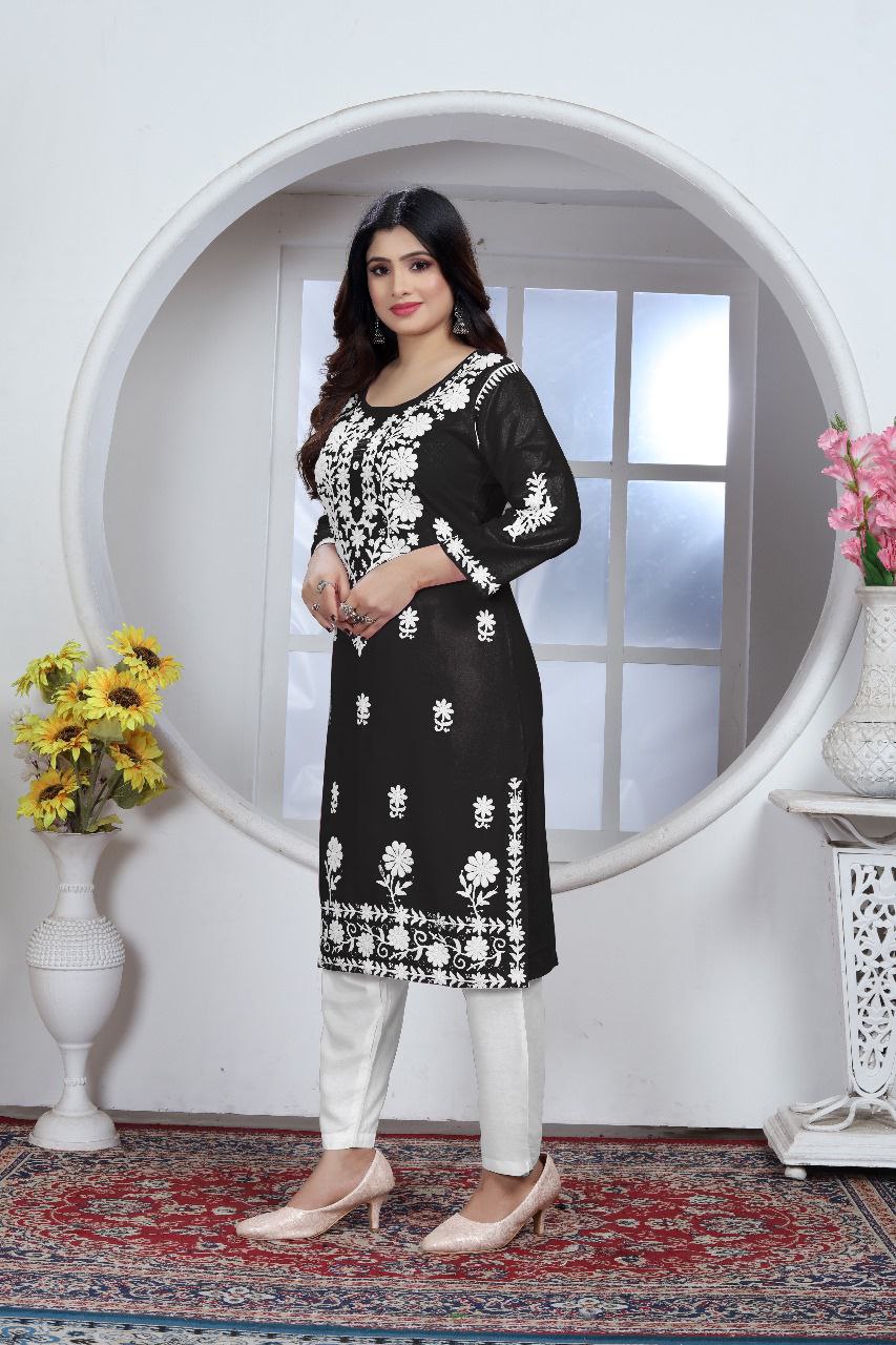 Women's Embroidery Black Lucknow Chikankari Kurta Pant Set mahezon