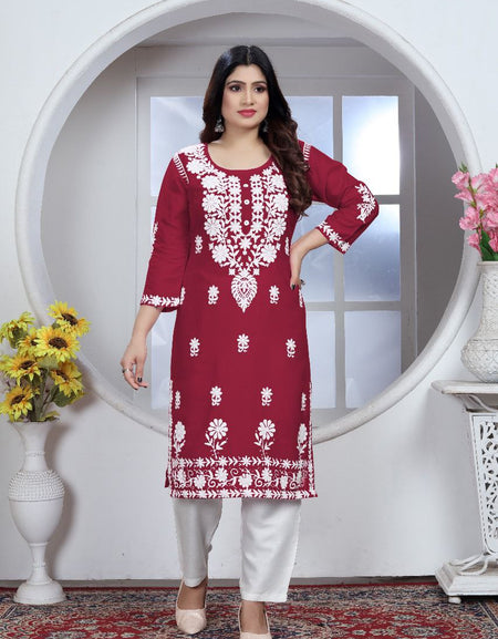 Women's Embroidery Maroon Lucknow Chikankari Kurta Pant Set mahezon