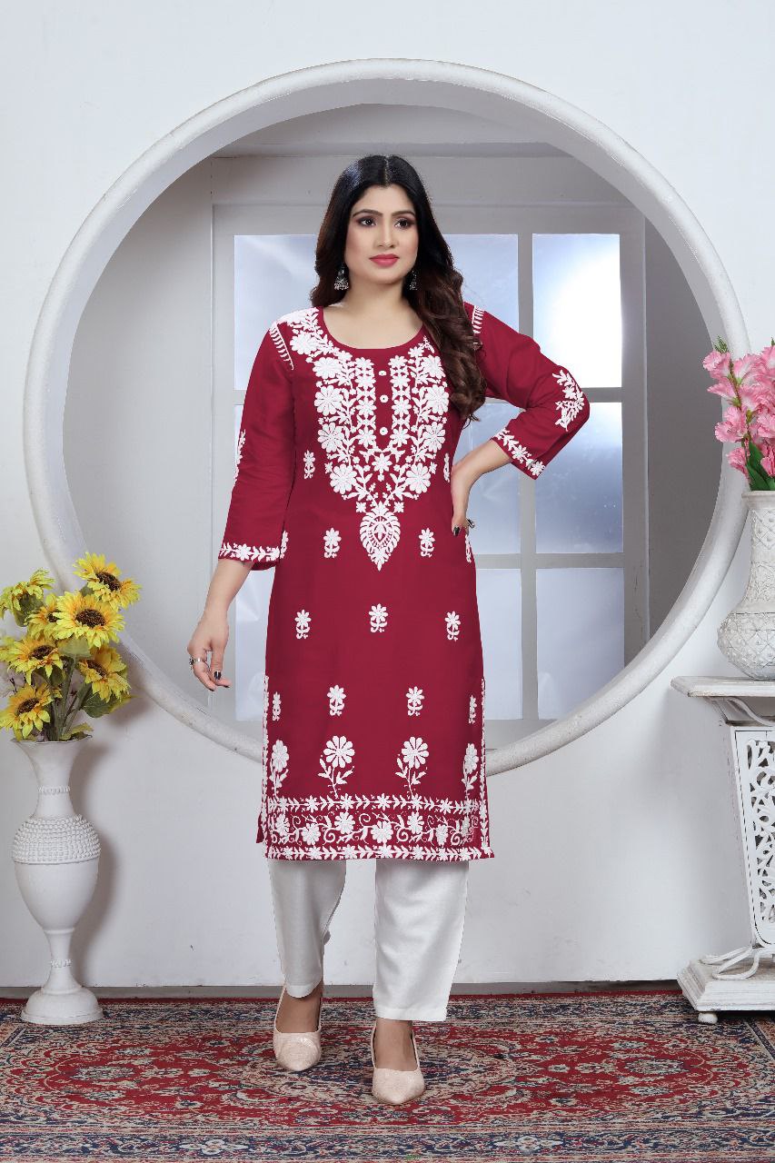 Women's Embroidery Maroon Lucknow Chikankari Kurta Pant Set mahezon