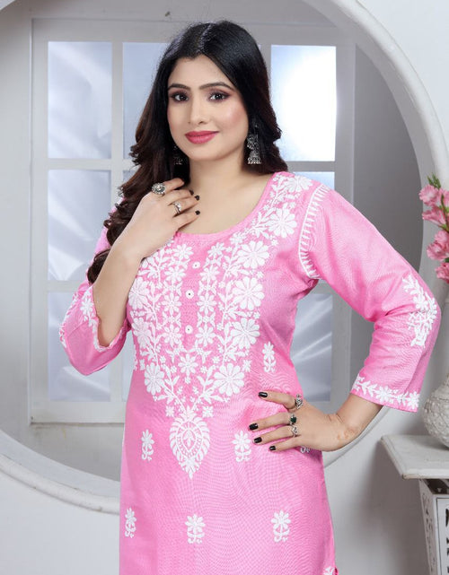 Load image into Gallery viewer, Women&#39;s Embroidery Pink Lucknow Chikankari Kurta Pant Set mahezon
