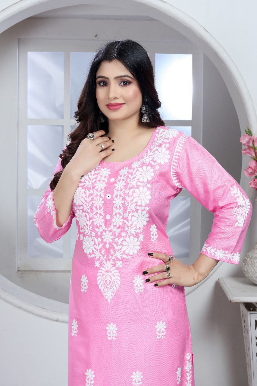 Women's Embroidery Pink Lucknow Chikankari Kurta Pant Set mahezon