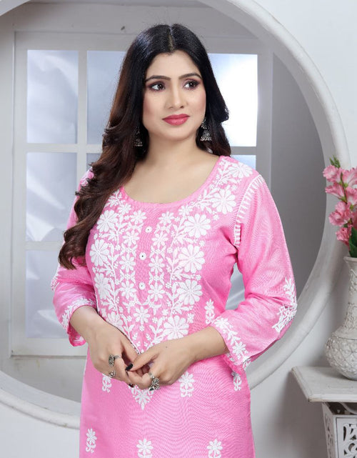 Load image into Gallery viewer, Women&#39;s Embroidery Pink Lucknow Chikankari Kurta Pant Set mahezon
