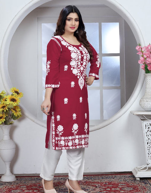 Load image into Gallery viewer, Women&#39;s Embroidery Maroon Lucknow Chikankari Kurta Pant Set mahezon
