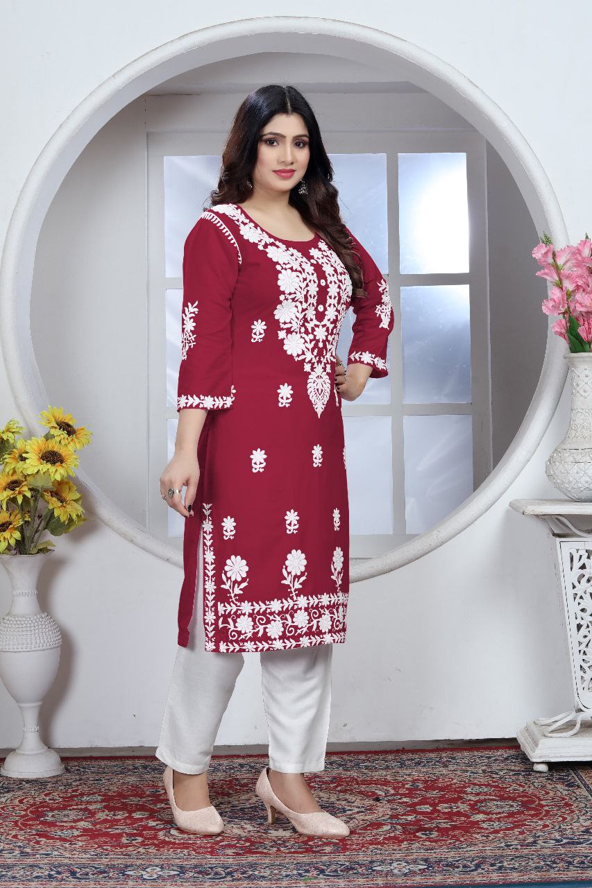 Women's Embroidery Maroon Lucknow Chikankari Kurta Pant Set mahezon