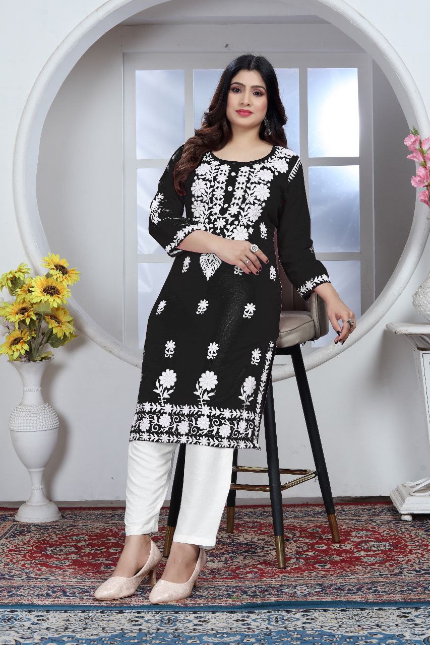 Women's Embroidery Black Lucknow Chikankari Kurta Pant Set mahezon