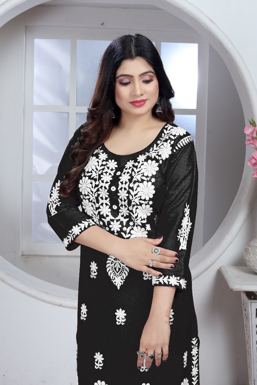 Women's Embroidery Black Lucknow Chikankari Kurta Pant Set mahezon