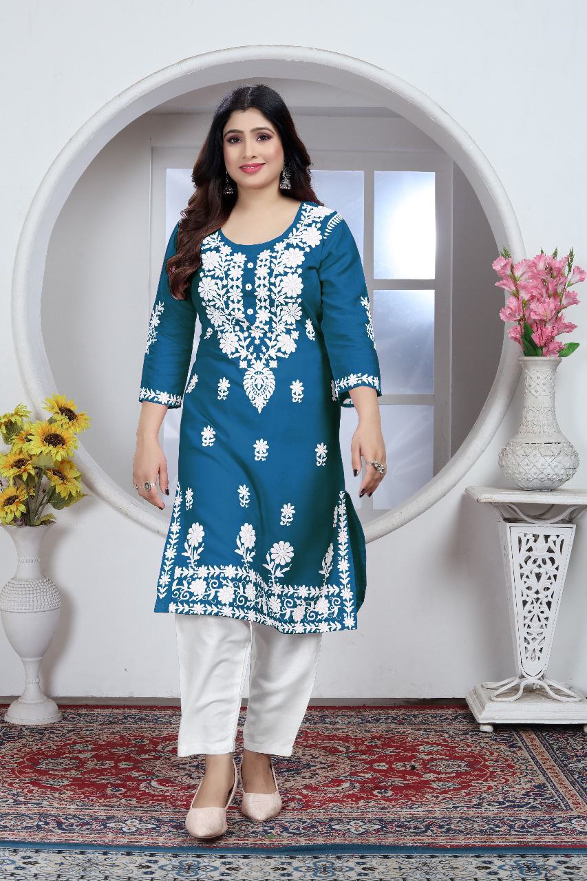 Women's Embroidery Blue Lucknow Chikankari Kurta Pant Set mahezon