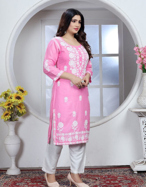 Load image into Gallery viewer, Women&#39;s Embroidery Pink Lucknow Chikankari Kurta Pant Set mahezon
