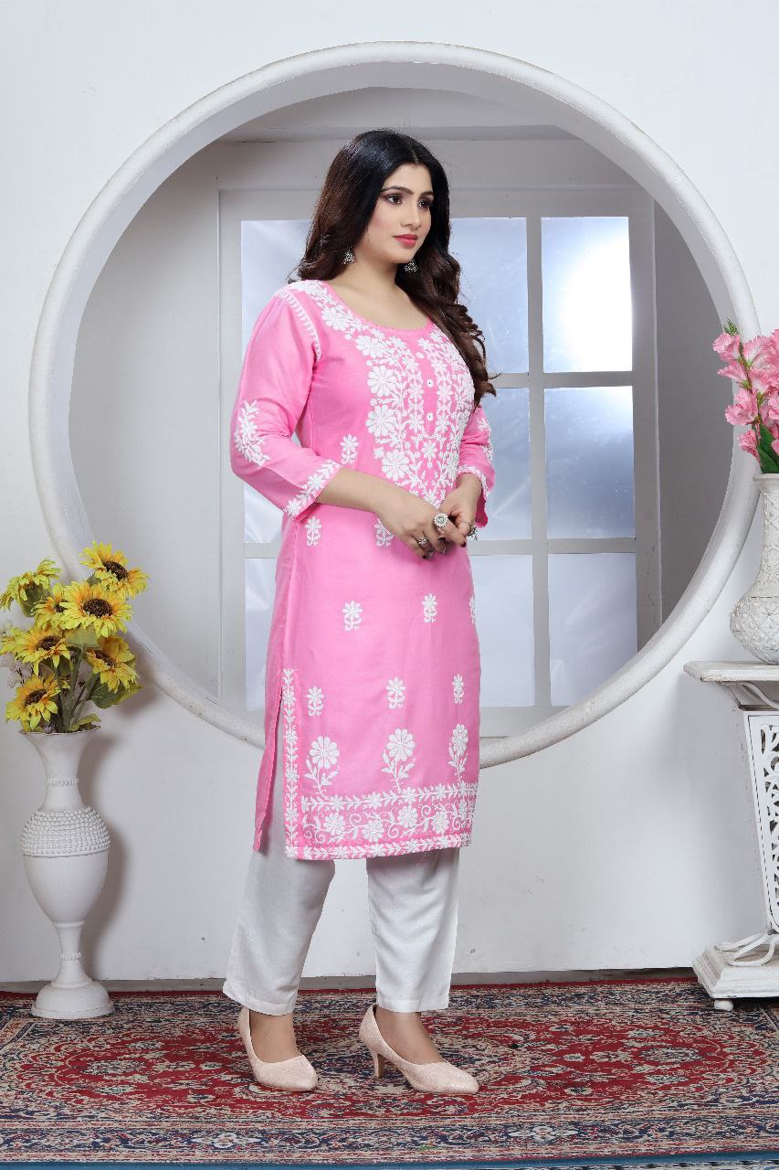 Women's Embroidery Pink Lucknow Chikankari Kurta Pant Set mahezon