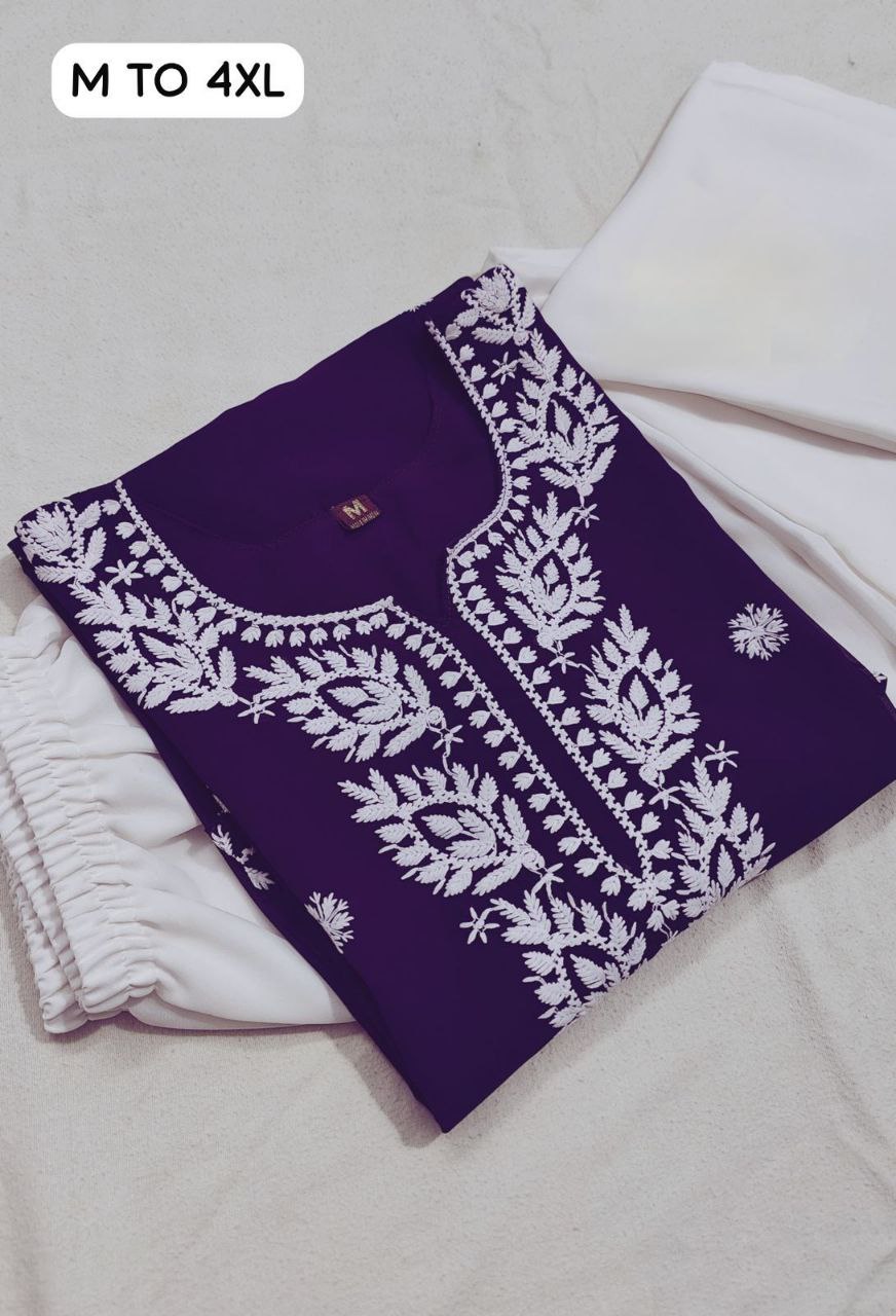 Women's Purple Georgette Lucknow Chikankari Kurta Palazzo Set mahezon