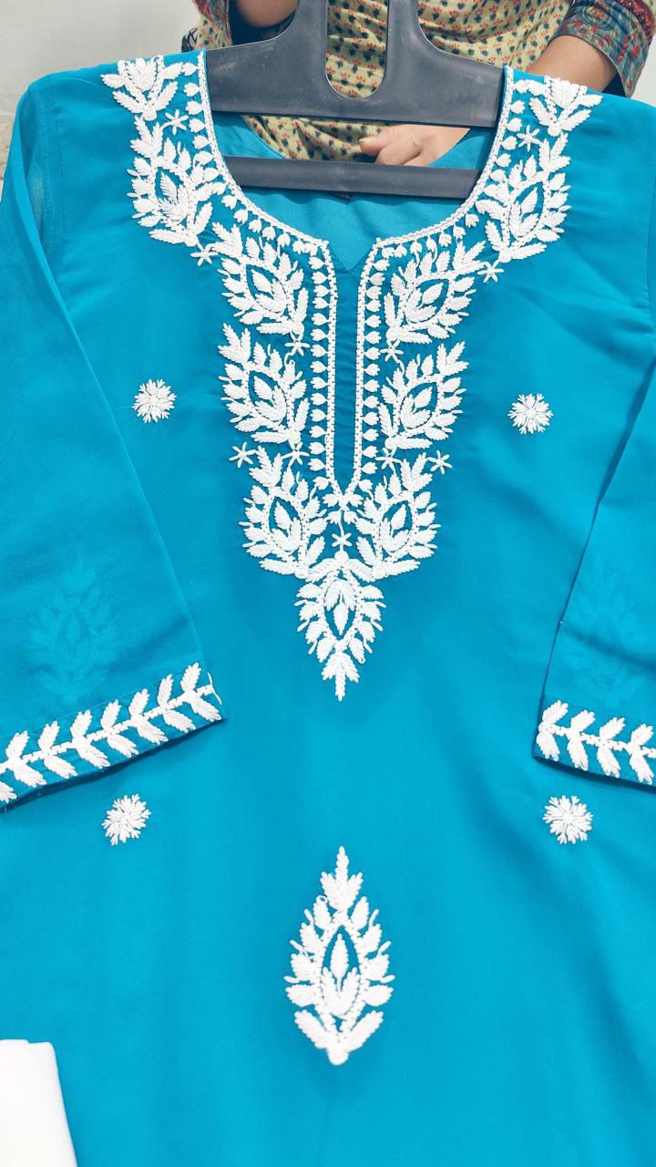 Women's Blue Georgette Lucknowi Chikankari Kurta Palazzo Set mahezon