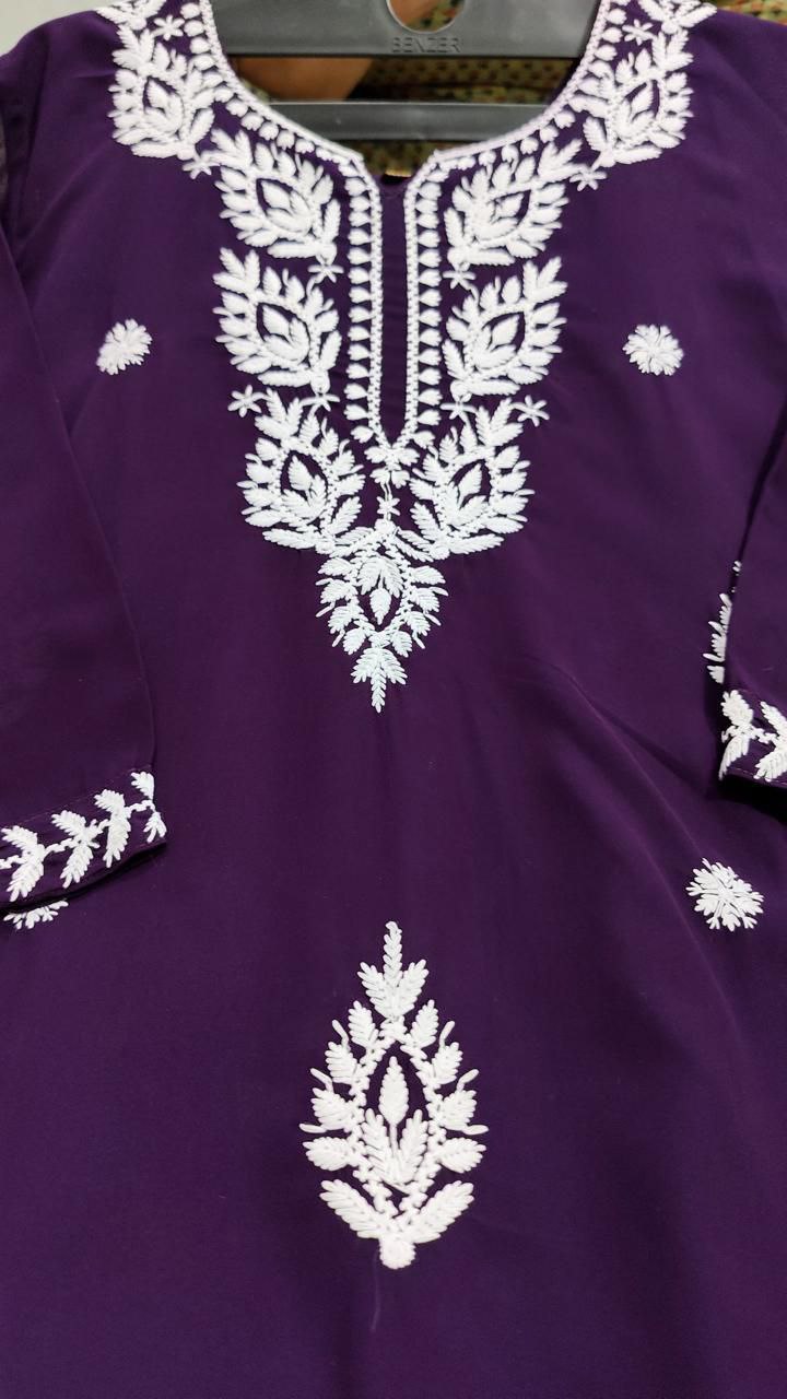 Women's Purple Georgette Lucknow Chikankari Kurta Palazzo Set mahezon