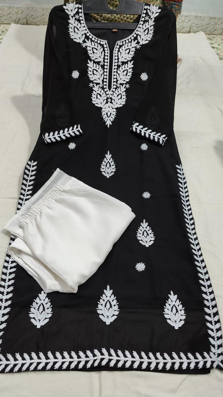 Women's Black Georgette Lucknowi Chikankari Kurta Palazzo Set mahezon