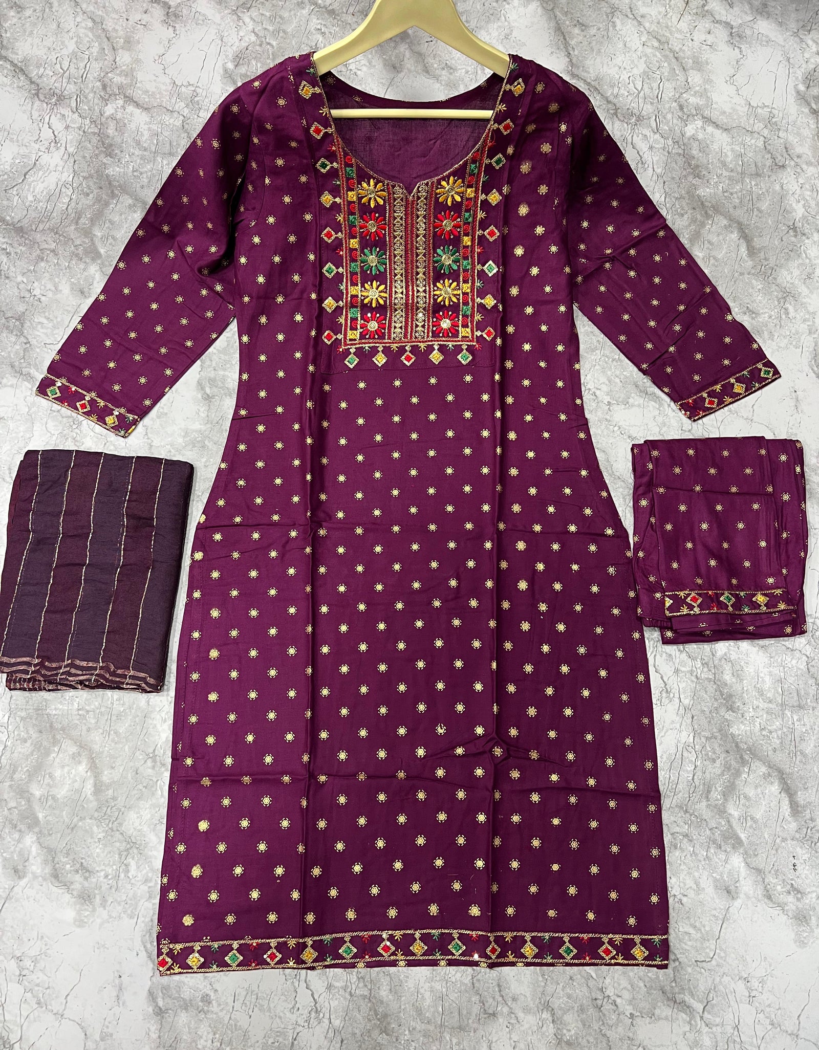 Women's Designer Wine Embroidery Kurta Pant Dupatta Set Party Wear mahezon