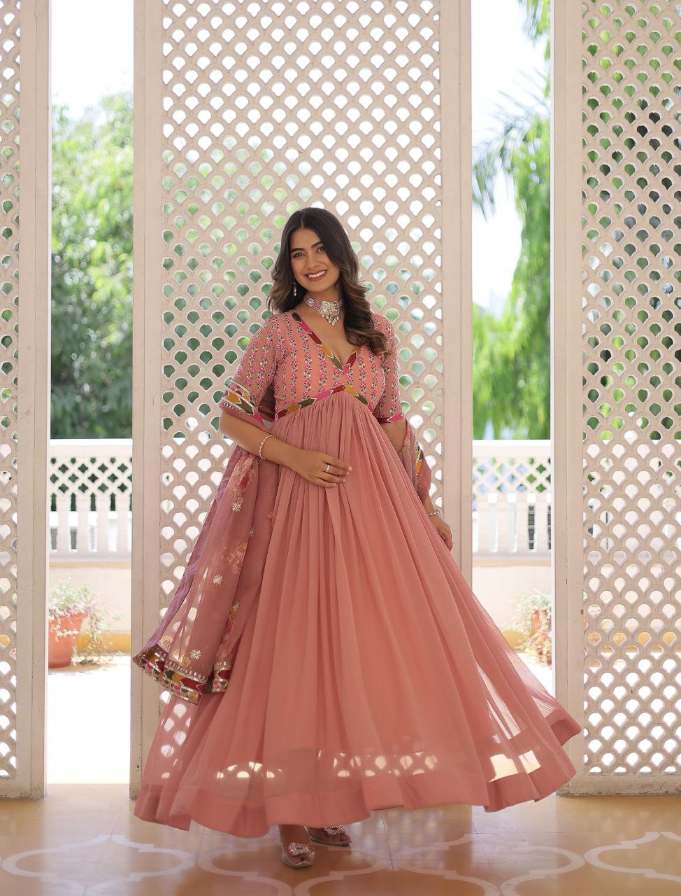 Women's Peach Alia Cut Gown Dupatta Set Party Wear – mahezon Women's Peach Alia Cut Gown Dupatta Set Party Wear – mahezon
