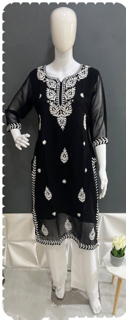 Load image into Gallery viewer, Women&#39;s Lucknow Chikankari Black Kurta Pant Set mahezon
