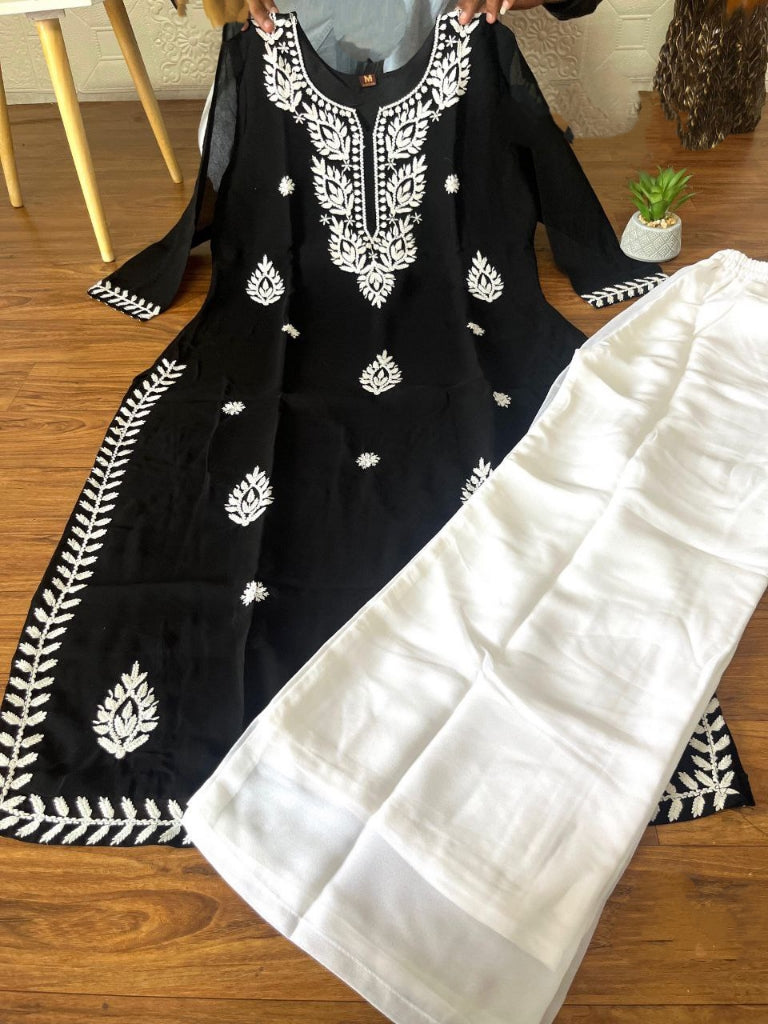 Women's Lucknow Chikankari Black Kurta Pant Set mahezon