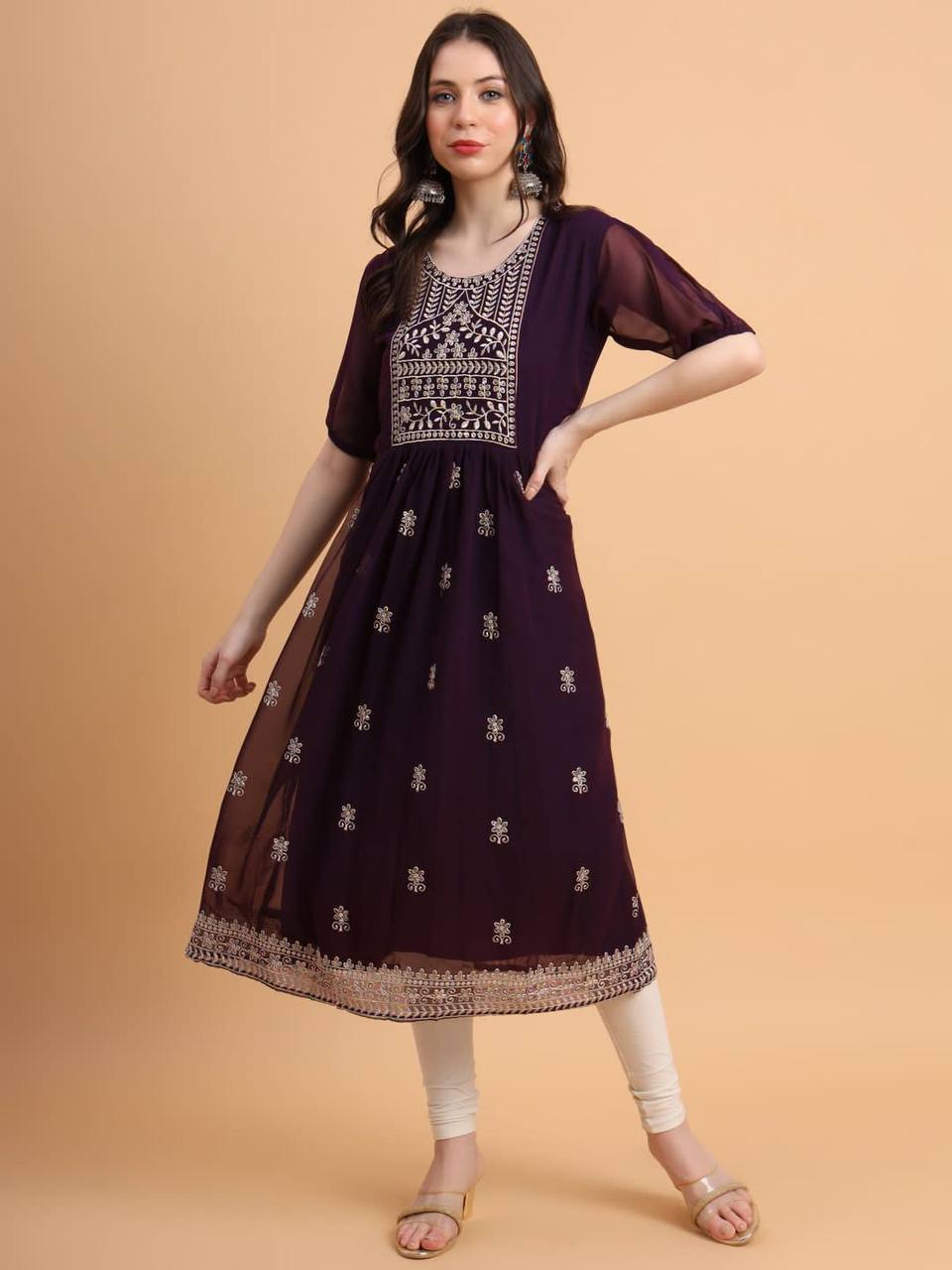 Women's Embroidery Wine Chikankari Kurti mahezon