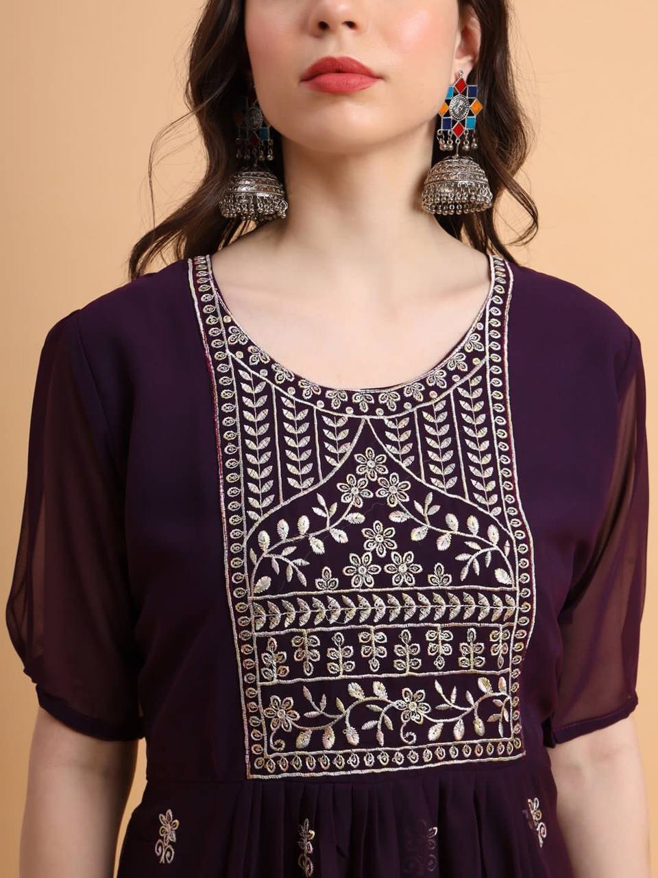 Women's Embroidery Wine Chikankari Kurti mahezon