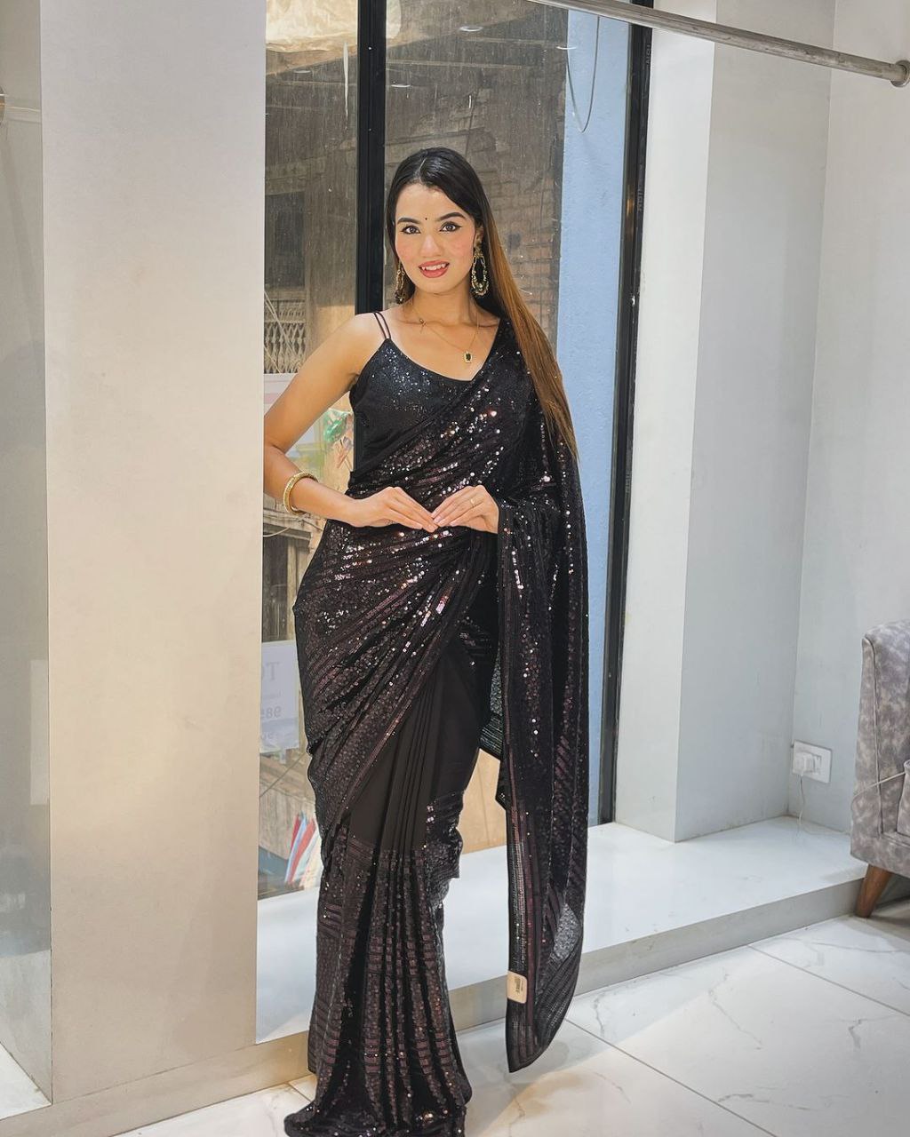 Women's Black Sequin Bollywood Party wear Saree mahezon