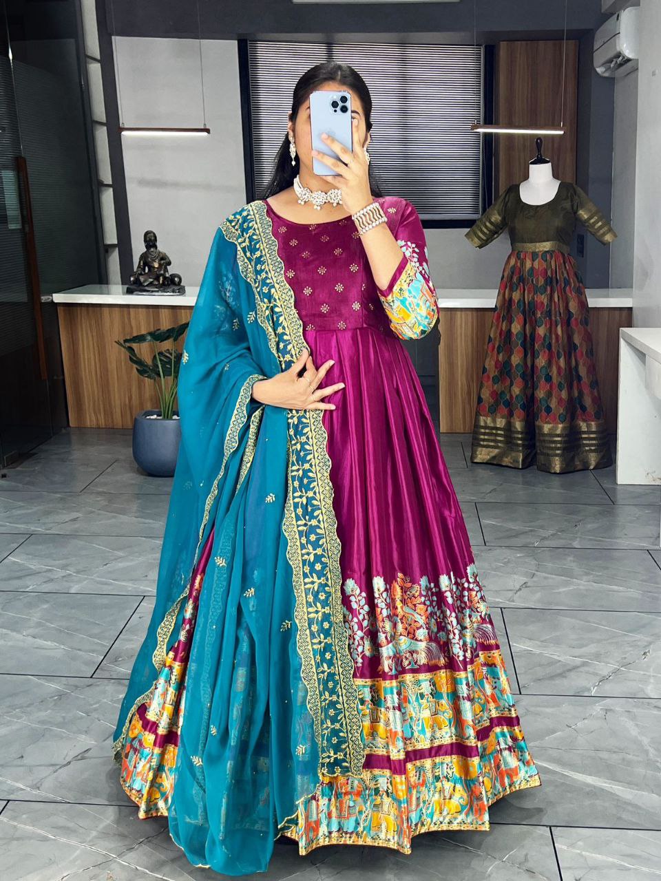 Ethnic Women's Dola Silk Gown Dupatta Suit mahezon