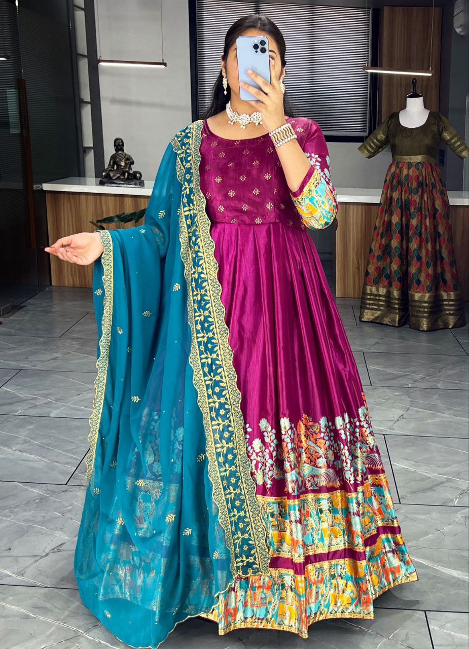 Ethnic Women's Dola Silk Gown Dupatta Suit mahezon