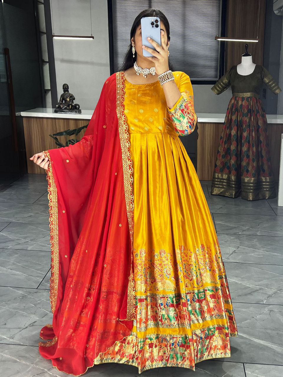 Ethnic Women's Dola Silk Gown Dupatta Suit mahezon