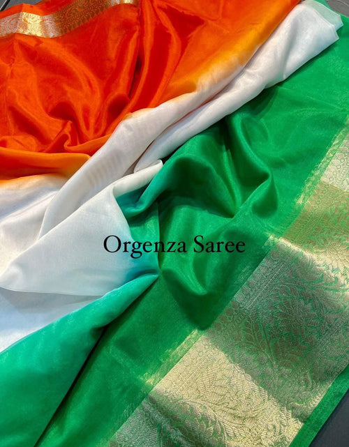 Load image into Gallery viewer, Women&#39;s Tricolour Organza Saree mahezon
