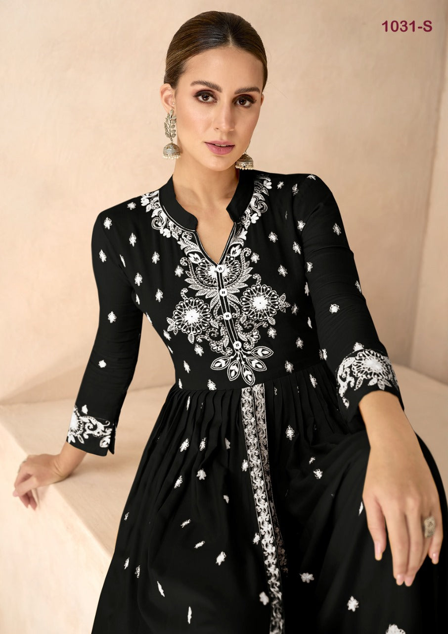 Women's Black Lucknow Chikankari Kurta Palazzo Dupatta Suit Wedding Wear mahezon