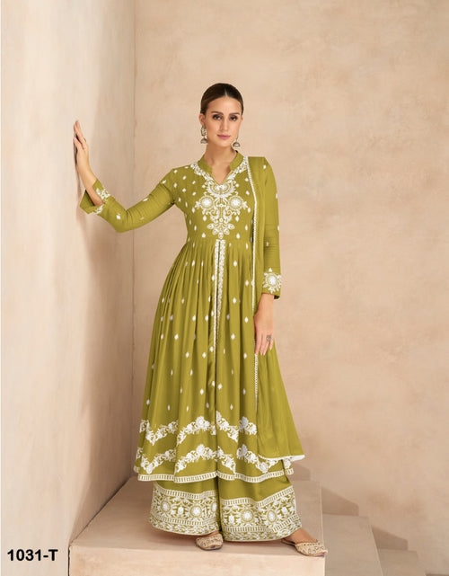 Load image into Gallery viewer, Women&#39;s Green Lucknowi Chikankari Kurta Palazzo Dupatta Suit Wedding Wear mahezon
