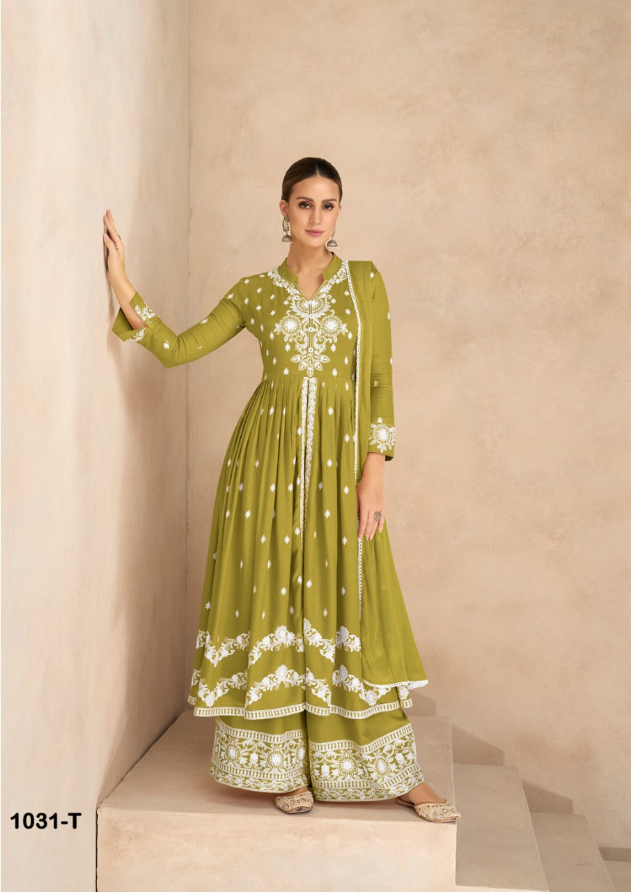 Women's Green Lucknowi Chikankari Kurta Palazzo Dupatta Suit Wedding Wear mahezon